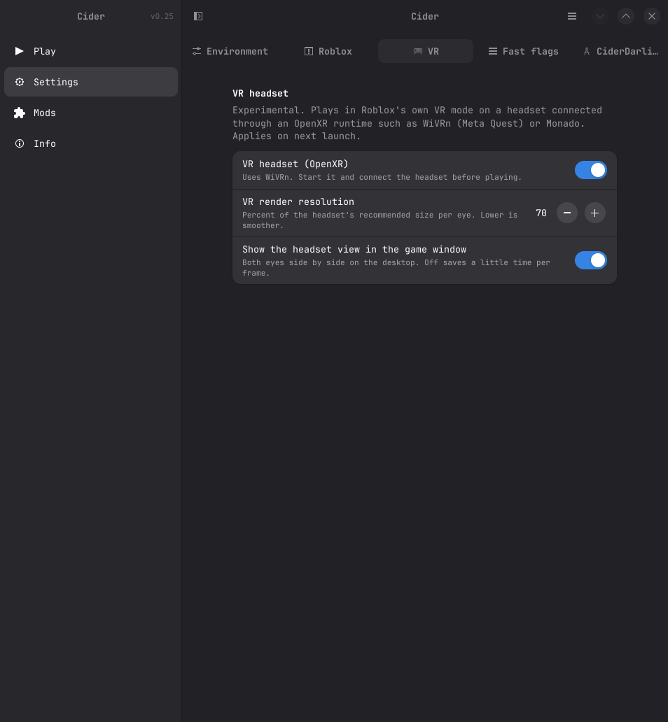 The VR tab in the Cider launcher's settings: VR headset (OpenXR) using WiVRn, render resolution and window mirror